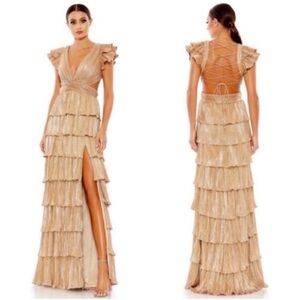 Mac Duggal Ruffle Tiered Criss Cross Lace Up Gown Maxi Dress 26740 Gold Size 4